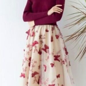 Chicwish Cream and Red Floral A-Line Skirt